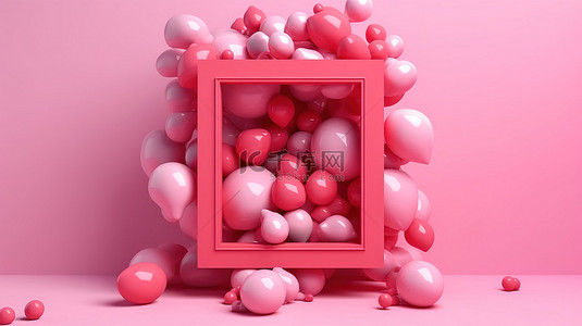 情人节方形框架与粉红色糖果气球背景在 3D 渲染