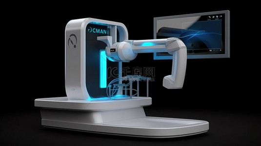 带显示器的 X 射线 C 臂机的黑色背景隔离 3D 渲染