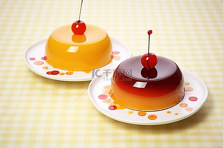 果冻橙子背景图片_两个盘子，上面装饰着樱桃和橙子果冻