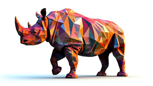 充满活力的 3D 艺术作品，白色背景下有引人注目的棕色犀牛剪影