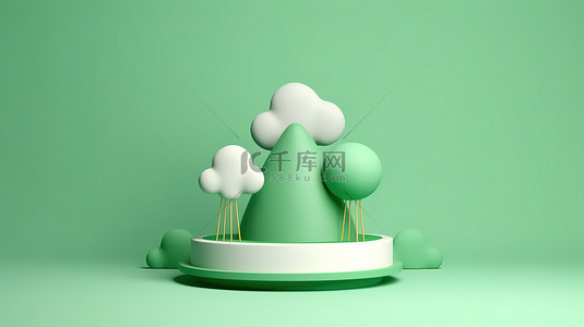 云平台背景图片_儿童友好的金字塔讲台，绿色，基座背景上有云，3D 渲染几何设计