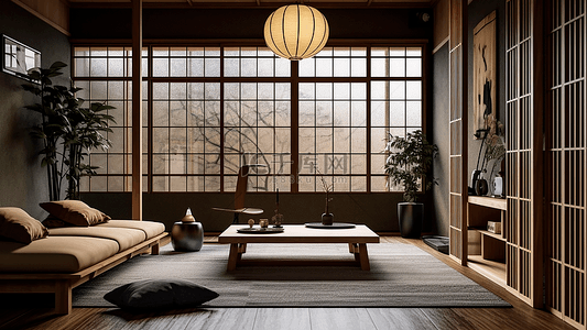 日本罗汉松背景图片_室内日本风格家具背景