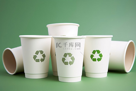 四个不同的纸杯，带有回收标志