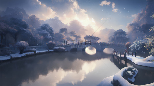 高清自然风光背景图片_湖水小桥树林白雪