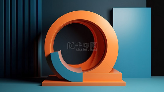 多彩简约几何背景图片_抽象橙色和蓝色几何形状的简约讲台展示 3D 插图
