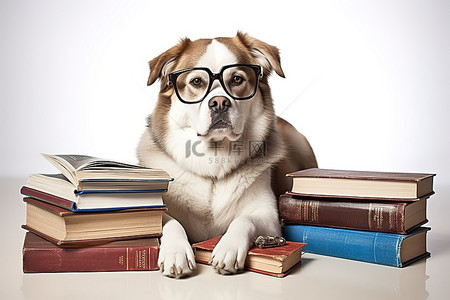 戴着眼镜的狗坐在一堆书旁边的地板上