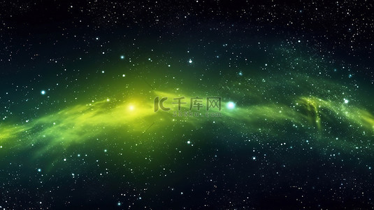 黄绿色背景图片_繁星点点的夜空和发光的黄绿色星系垂直背景，具有银河系及更远距离的 3D 渲染