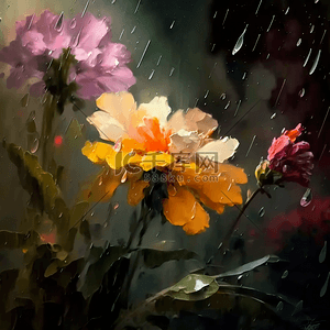 复古雨背景图片_雨滴花朵雨中的花卉油画背景