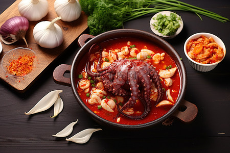 黄焖鸡配菜背景图片_韩国传统美食美味的章鱼炖菜及其配菜