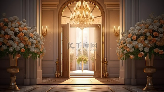 经典酒店豪华入口的 3D 渲染，配有宏伟的金色吊灯和华丽的花束