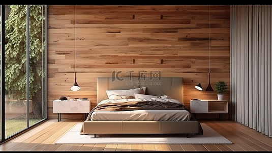 现代卧室，宽敞的窗户拥有充足的自然光 3D 渲染