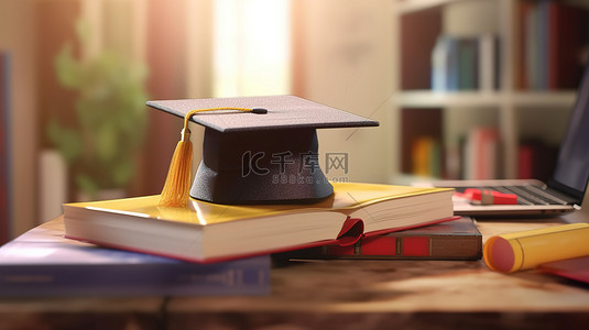 带有笔记本电脑毕业帽和书籍的电子学习概念的 3D 插图