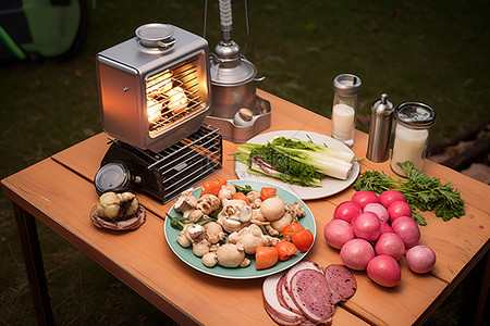 烧烤架手绘背景图片_烤架前桌子上的猪肉维吉麦鸡蛋土豆胡萝卜和洋葱