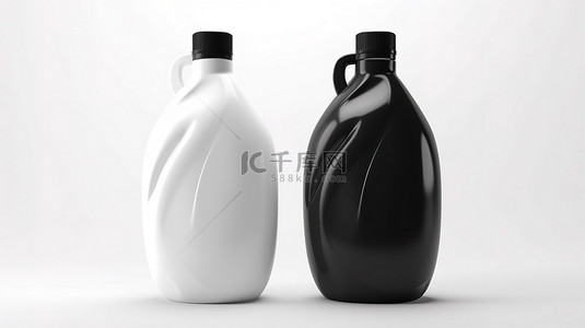 3D 渲染的白色和黑色塑料瓶非常适合白色背景下的漂白液洗衣粉或织物软化剂