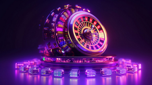 命运背景图片_霓虹灯点亮的未来派轮盘赌轮和老虎机在充满活力的紫色在线赌场背景 3D 渲染上展示