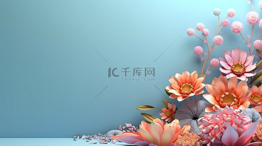 春季主题花卉背景的 3D 插图，具有充足的文本空间