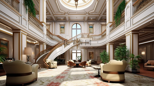 现代酒店大堂拥有多层和 3D 渲染的阳台