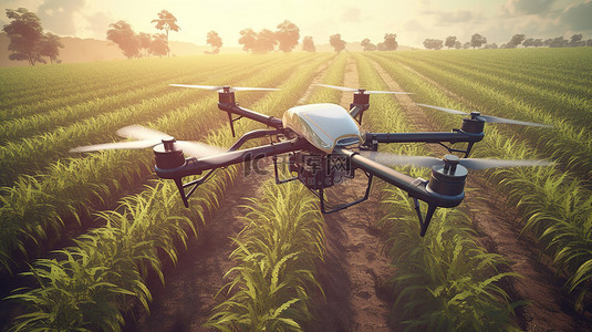 智慧系统背景图片_3D 渲染农业无人机在甘蔗农场喷施肥料