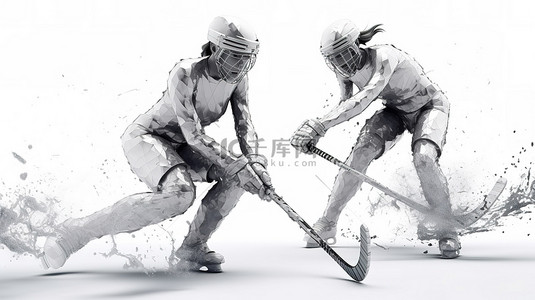 女曲棍球运动员在白色背景的 3D 渲染中进行激烈的击球动作
