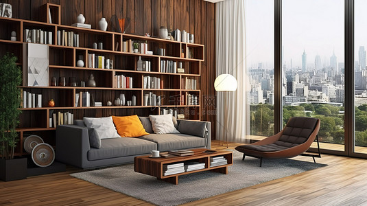 现代休息区配有沙发扶手椅和 3D 书柜