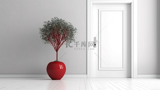 现代简约红门白墙和木地板，配有镀铬花瓶和干植物3D渲染