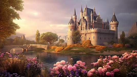 公园世风景背景图片_迷人的哥特式堡垒被花朵包围 3d 渲染