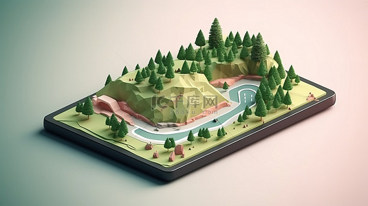 沥青地面公路背景图片_带有道路和智能手机 3D 渲染高速公路广告的等距土地