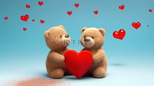 时刻背景图片_一对熊共享一颗红心，纪念情人节 3D 设计的欢乐时刻