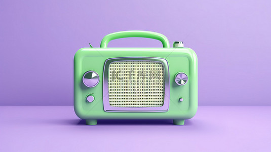 复古绿色收音机，带有语音气泡和空白空间，用于在充满活力的紫色或长春花背景 3D 渲染上定制标志