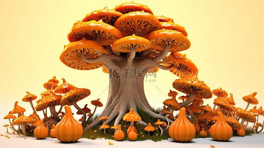 感恩节快乐 3d 渲染秋天的树蘑菇和南瓜橡子