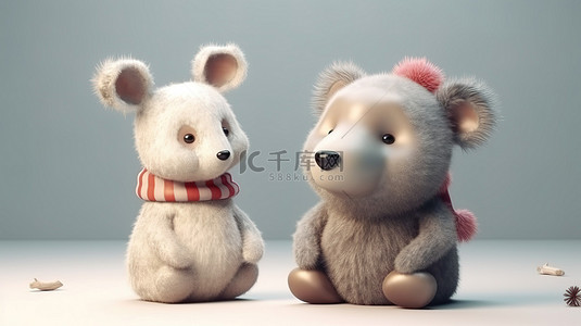 节日 3D 插图可爱的熊和兔子与您一起庆祝圣诞节，非常适合毛绒动物粉丝