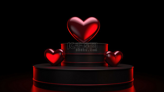 重汽开业舞台图背景图片_红色讲台上的三重情人节红心，在 3d 渲染中具有黑色背景