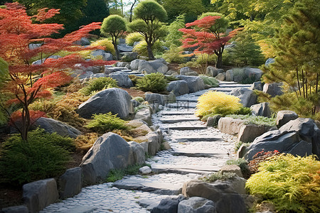 美丽的小路背景图片_一条绿色多彩的岩石小路通向美丽的树木
