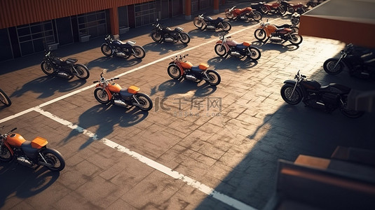 在停车场内以 3D 渲染的真实等距概念摩托车场景