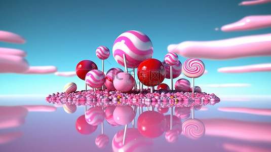 卡通甜粉色棒棒糖和糖果的 3D 渲染世界