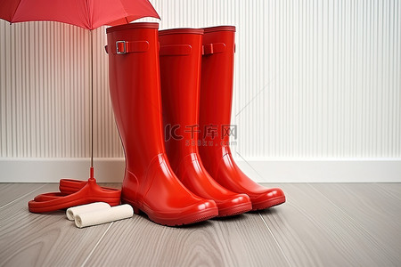 地板上有两只红色橡胶靴和一把草伞