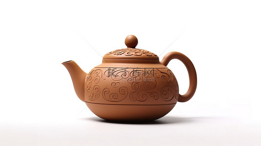 白色背景与棕色传统中国粘土茶壶的 3D 渲染