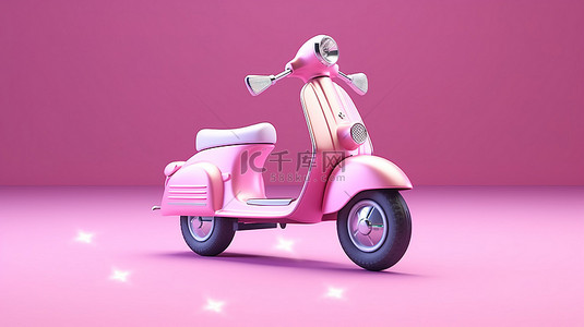 星形粉色和蓝色背景上粉色复古复古或电动滑板车的 3D 渲染