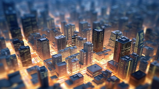 城市 3d 的顶视图，以聚焦的摩天大楼和抽象背景下模糊的低矮建筑呈现