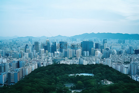 首尔天际线背景图片_首尔天际线与建筑物和公园