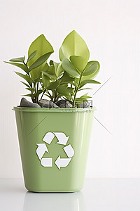 一个浅绿色的花盆，里面放着一株植物，上面写着“回收”