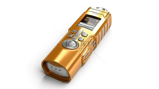 金色数字录音机是现代记者的同伴，在白色背景上以 3D 渲染呈现