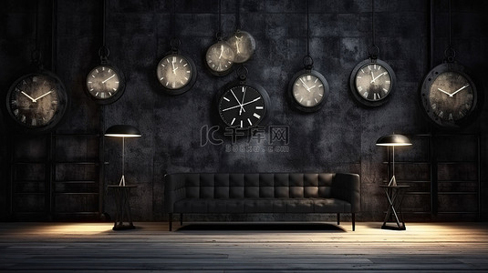 阁楼风格的内饰，配有时尚的黑色轨道灯和时尚的 3D 挂钟