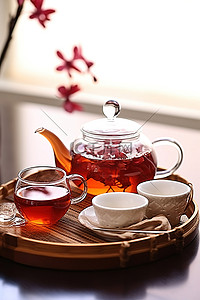 配花背景图片_红色茶杯配玻璃茶壶