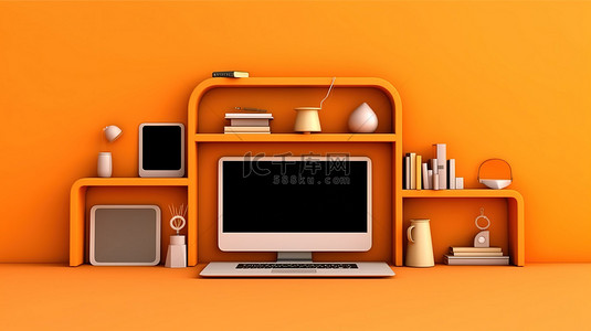橙色墙架横幅的 3D 插图，配有电脑笔记本电脑手机和平板电脑