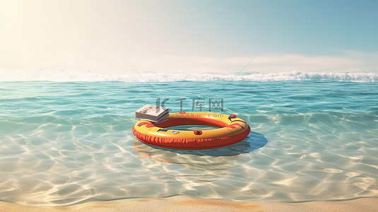 夏书背景图片_暑假氛围 3d 渲染海滩设置与充气垫书球和海洋中的救生圈