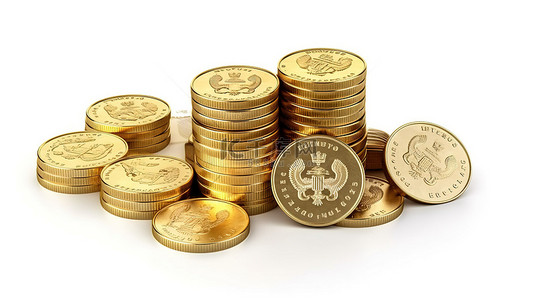 俄罗斯背景图片_白色背景下不同角度的孤立俄罗斯卢布硬币的 3D 渲染图像