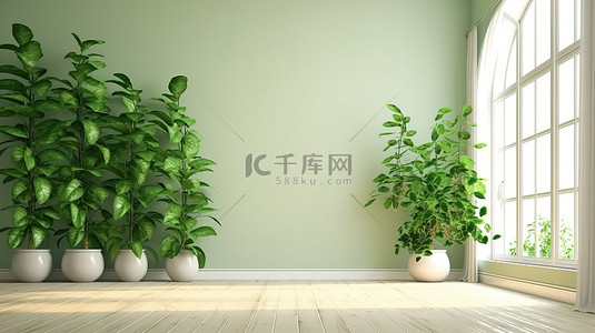 宽敞的房间设有充满活力的绿色墙壁和 3D 渲染的生机勃勃的植物