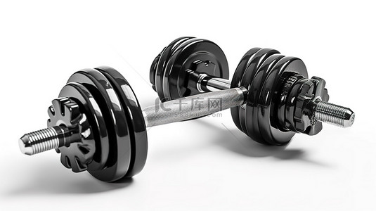 健身和运动器材黑色金属哑铃，白色背景 3D 插图中带有重量