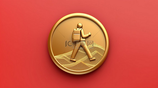 标志性的徒步旅行者 3D 渲染的社交媒体符号，红色哑光金盘上的金色徒步旅行者